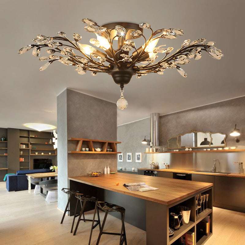 Traditional European Iron Crystal Semi-Flush Mount Ceiling Light - 4/5/6 Lights for Living Room