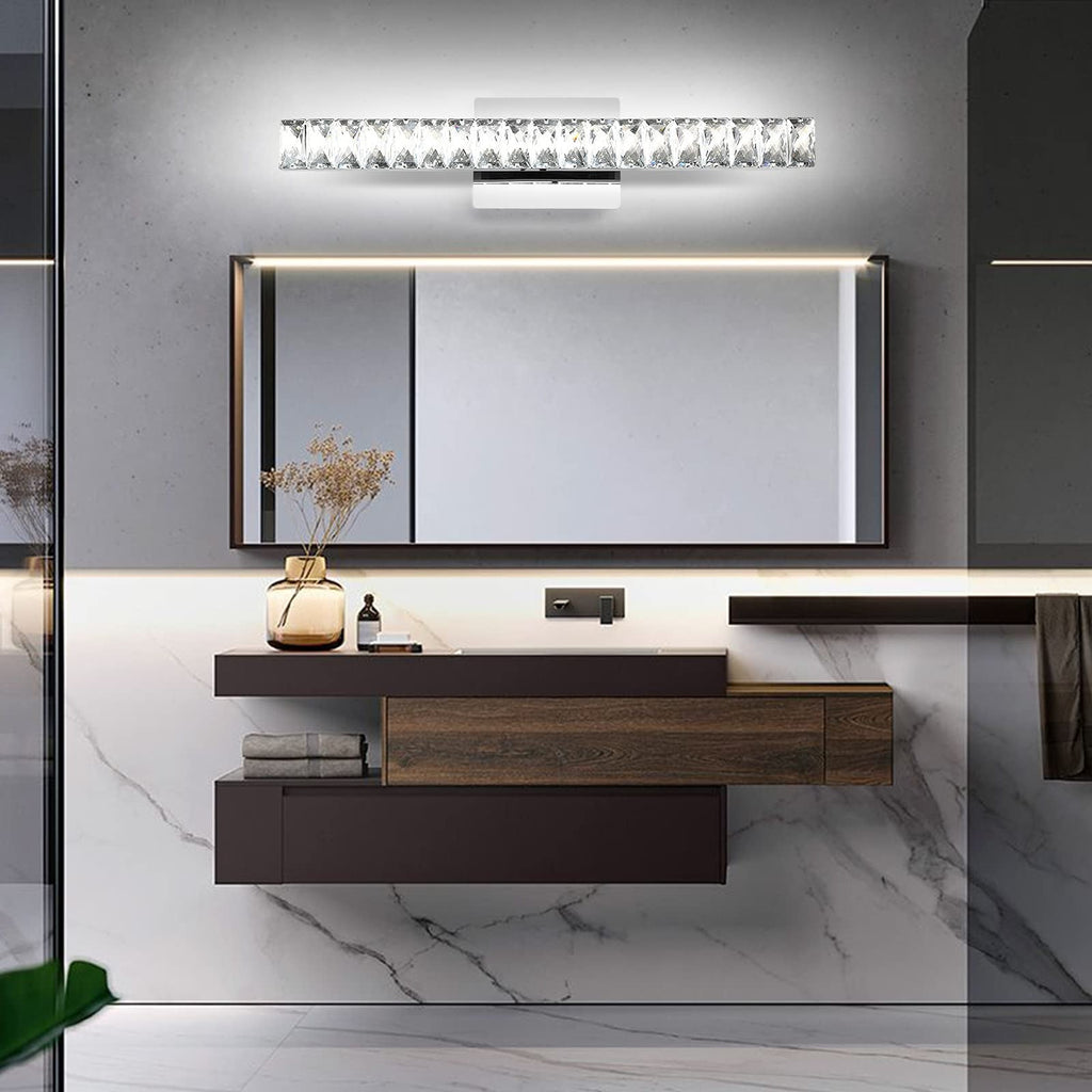 Modern Luxury Stainless Steel Crystal LED Wall Sconce Vanity Light  

Transform your bathroom with this elegant wall sconce featuring a sleek stainless steel design adorned with crystals. The rotatable feature allows for adjustable lighting, enhancing any