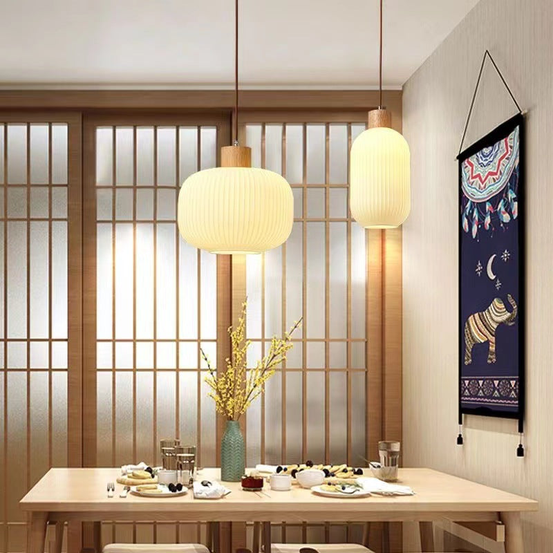 Traditional Japanese Solid Wood Strip Glass Jar Pendant Light for Living Room, 1/2/3 Light Island Fixture