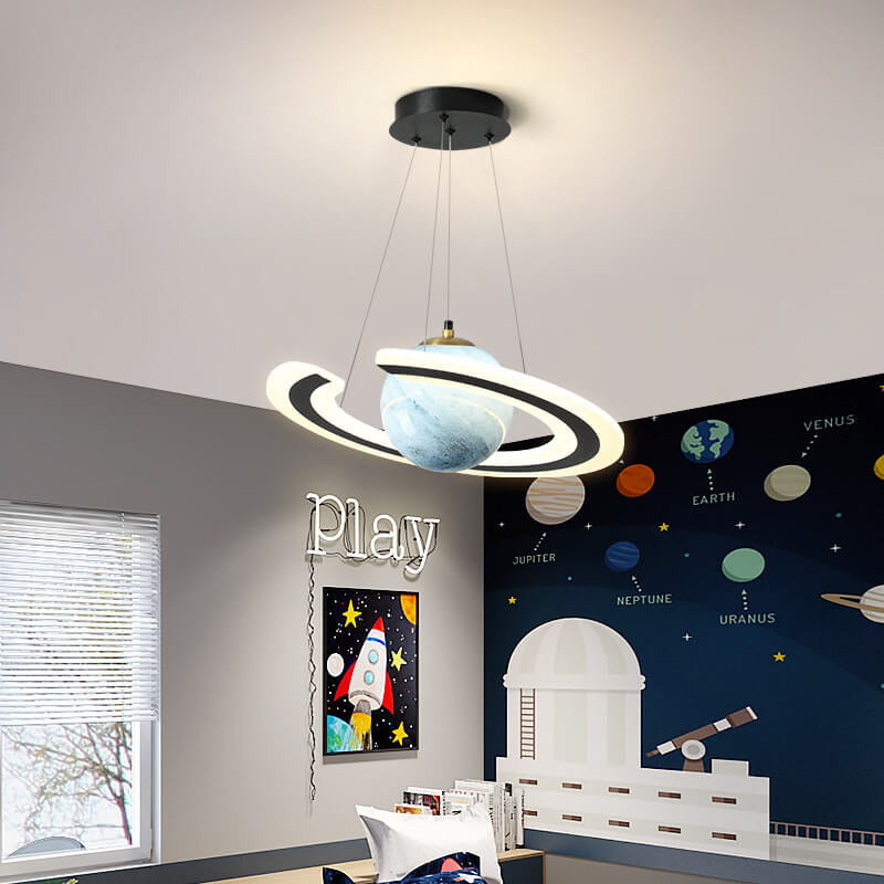 Modern Creative Space Planet Circle Kids LED Chandelier, Stylish Children's Room Lighting, Adjustable Fixtures for Playroom, Solar System Design, Fun Bedroom Decor, Colorful LED Ceiling Light, Unique Kids' Lighting, Contemporary Planetary Chandelier, Eye-