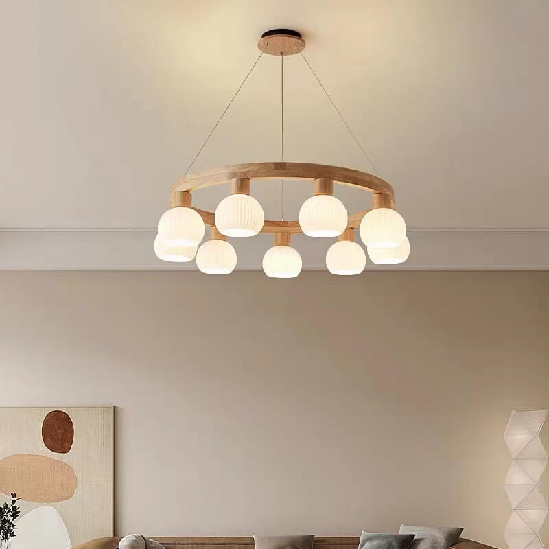 Modern Japanese Log Ring Textured Glass Globe Chandelier - 3/6/9 Light Pendant Fixture for Dining Room, Living Room, and Entryway Lighting