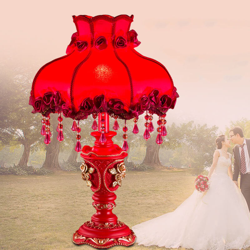 European Wedding Red Fabric Tassel Resin 1-Light Table Lamp for Bedroom, Living Room, Home Décor, Bohemian Style Lighting, Vintage Decorative Light Fixture, Elegant Room Accent, Unique Gift Idea, Warm Ambiance Lighting