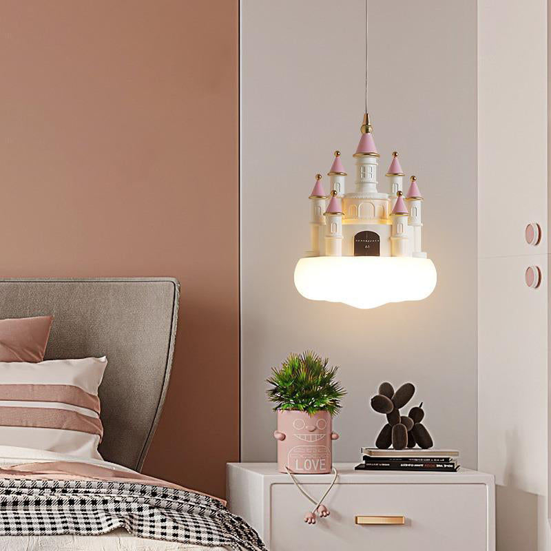 Contemporary Nordic Kids Resin PVC PE Castle 1-Light Pendant Light for Bedroom, Children's Room Lighting, Playroom Decorative Lamp, Nordic Style Ceiling Lamp, Creative Kids Castle Pendant Fixture, Colorful Bedroom Lighting for Boys and Girls, Stylish Home