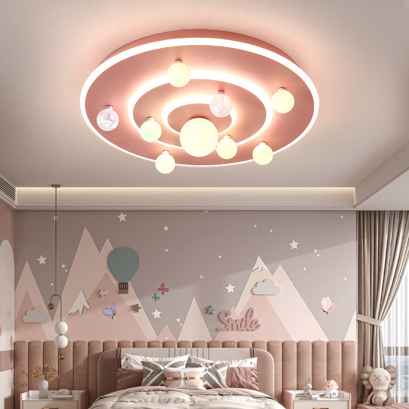 Contemporary Creative Kids Round Planet Iron Acrylic LED Flush Mount Ceiling Light Bedroom Playroom Decoration Childrens Lighting Modern Design Space Theme Ceiling Fixture