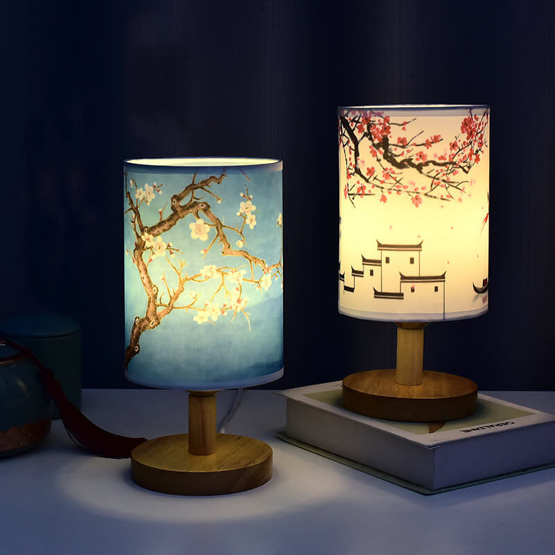 Modern Minimalist LED Table Lamp, Fabric Column Landscape Design, Wood Base Lighting, Contemporary Home Decor, Stylish Nightstand Lamp, Energy-Efficient LED, Living Room Accent Light, Bedroom Illumination, Unique Design Lamps, Eco-Friendly Lighting Soluti