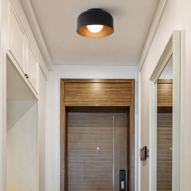 Minimalist Dome Wood Grain Iron 1-Light Semi-Flush Mount Ceiling Fixture
