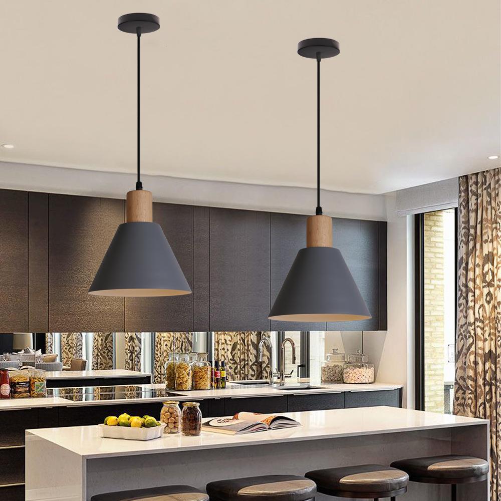 Vintage Iron Solid Wood Round Cone Pendant Light for Living Room