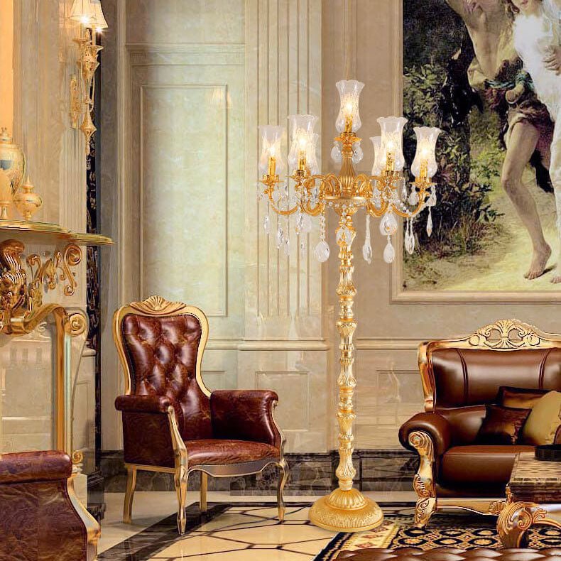 Luxury Golden Crystal Zinc Alloy 7-Light Floor Lamp for Bedroom