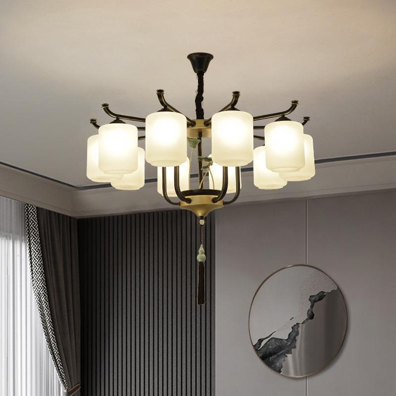 Traditional Chinese Iron Frame Cylinder Glass Shade Chandelier - 6/8/10/12 Lights for Living Room