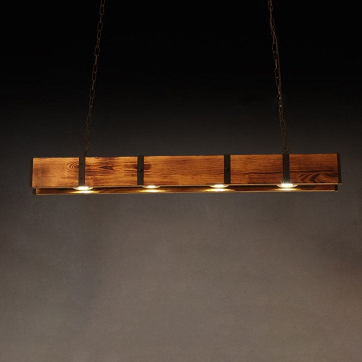 Vintage Solid Wood Long Bar LED Island Light Chandelier for Dining Room