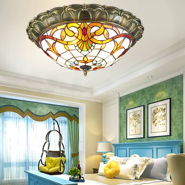 Vintage Tiffany Round Stained Glass LED Flush Mount Light