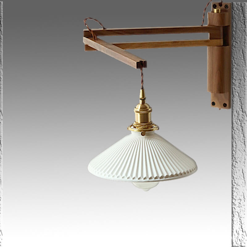 Nordic Milk White Striped Glass Walnut Retractable Wall Sconce Lamp - 1-Light Decor
