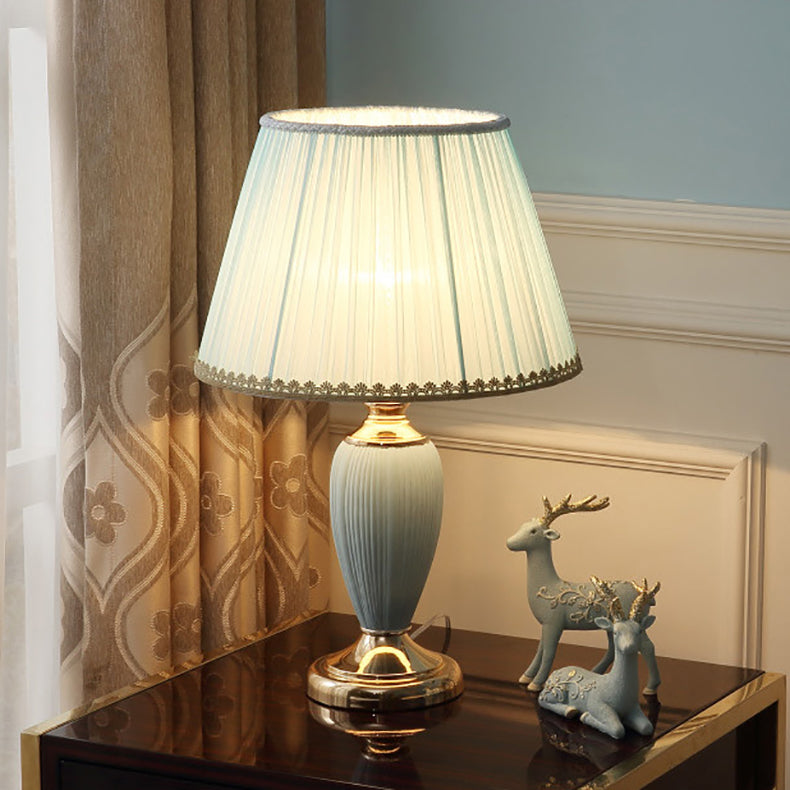 Traditional Pleated Fabric Shade Ceramic Column Base Table Lamp - 1-Light Study Lamp