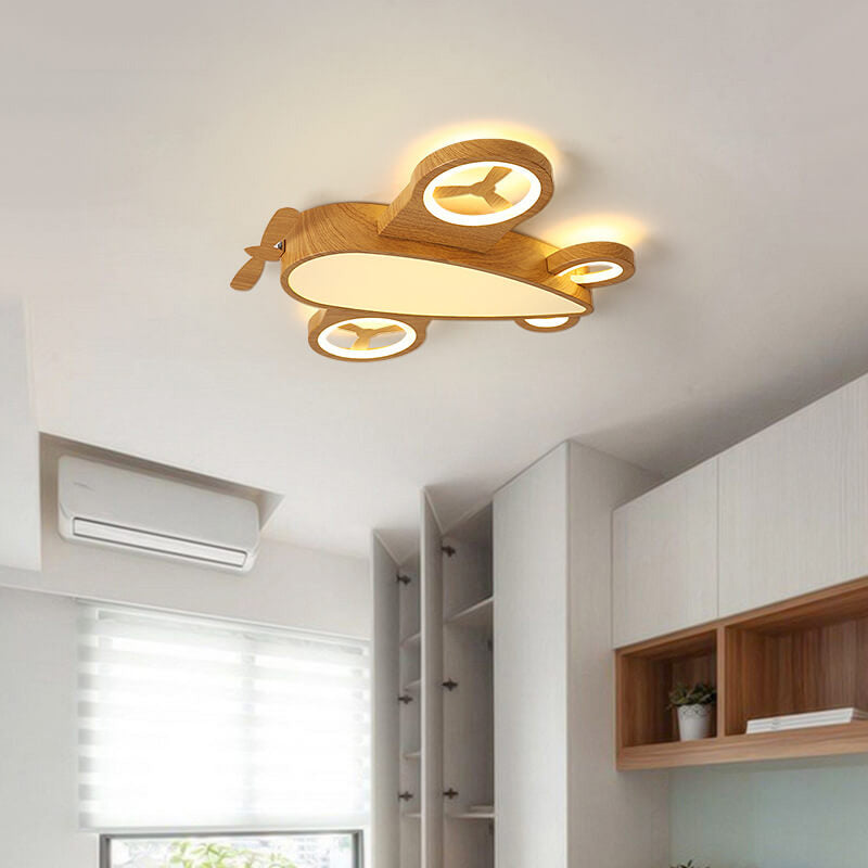 Cartoon Creative Wood Grain Aircraft LED Kids Flush Mount Ceiling Light Baby Nursery Room Decor Boys Girls Ceiling Lamp Kids Bedroom Lighting Childrens Sky Airplane Theme Light Fixtures