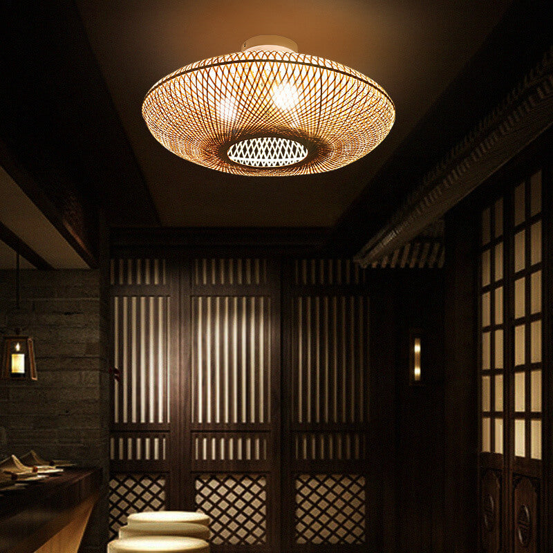 Traditional Japanese Bamboo Weaving Flying Saucer 3-Light Semi-Flush Mount Bedroom Light