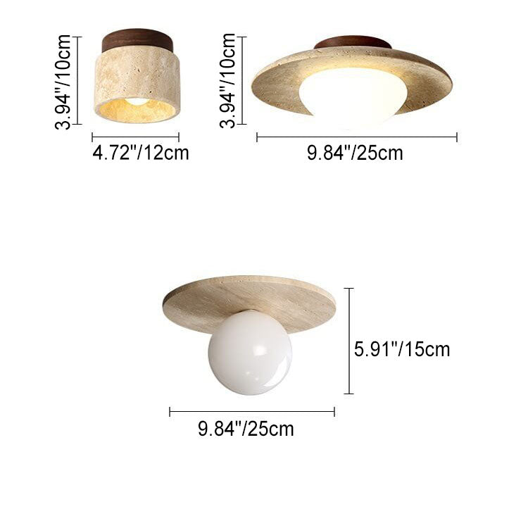 Japanese Minimalist Round Yellow Travertine 1-Light Semi-Flush Mount Ceiling Light