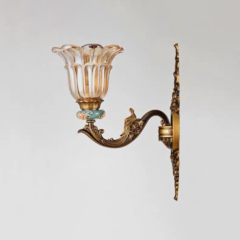 Traditional European Resin Zinc Alloy Glass Flower Wall Sconce for Living Room
