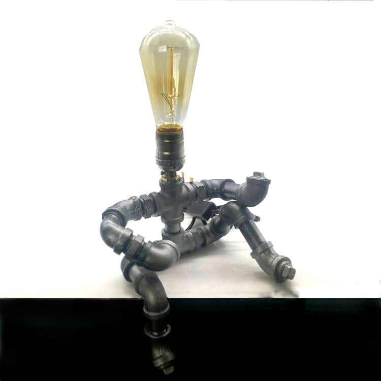 Industrial Plumbing Guitar Robot 1-Light Table Lamp | Unique LED Lighting | Modern Industrial Home Decor | Music-Themed Desk Lamp | Vintage Style Guitar Design | Creative Lighting Solution | Industrial Pipe Lamp | Adjustable Guitar Stand Base | Decorative