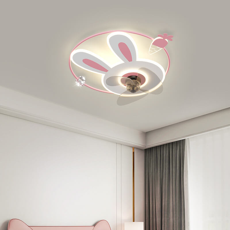 Cartoon Creative Bunny Carrot LED Flush Mount Ceiling Fan Light for Kids Room, Playroom, Nursery, Childrens Ceiling Fan Light Fixture, Cute Bunny Design, Energy Efficient LED Lighting, Adjustable Brightness, Modern Ceiling Fan Light for Kids Decor