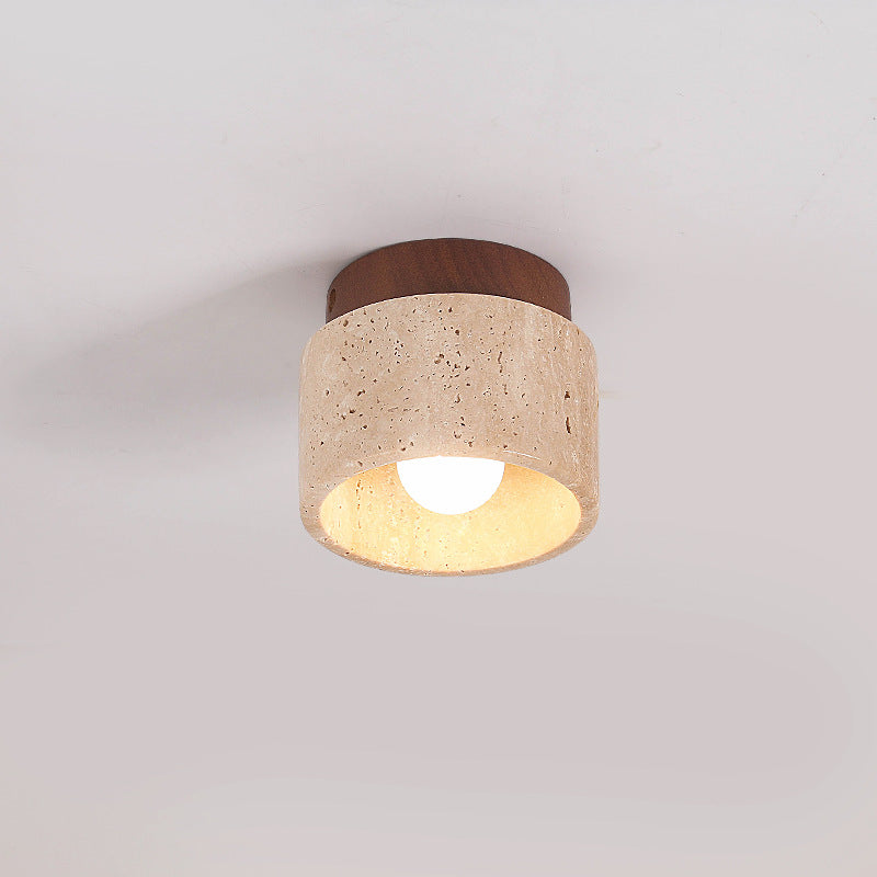 Japanese Wabi-Sabi Yellow Travertine Column Wood Semi-Flush Mount Light