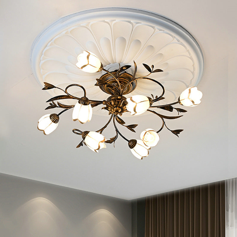 Traditional French Flower Shaped Iron Glass Semi-Flush Mount Ceiling Light for Bedroom - 4/6/8/10/12 Lights