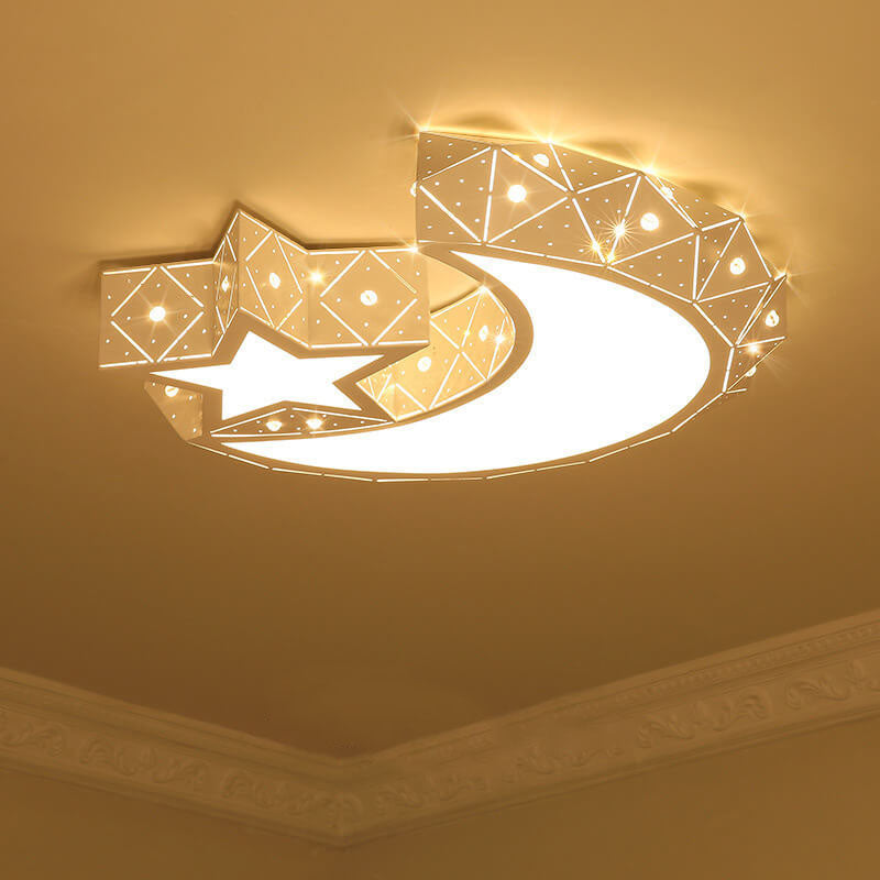 Modern Star Moon Geometric Iron LED Kids Flush Mount Ceiling Light, Baby Room Lighting Fixture, Nursery Ceiling Lamp, Boys Girls Bedroom Decor, Astronaut Space Theme Light, Energy-Efficient Kids Room Illumination, Stylish Flush Mount Design for Children's