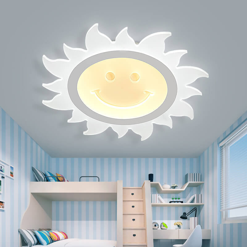 Creative Cartoon Smiley Sun LED Flush Mount Ceiling Light for Kids Room, Nursery, Playroom, Brighten Spaces, Fun Design, Energy-Efficient Lighting, Cute Sun Lamp, Decorative Ceiling Fixture, Childrens Room Decor, Unique Indoor Lighting Solutions
