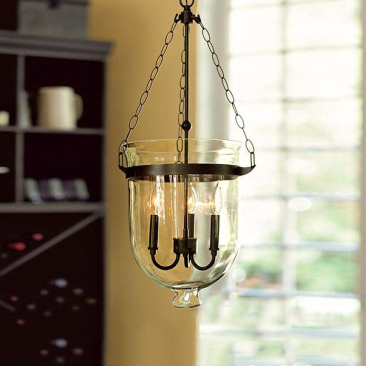 Rustic Round Glass Bucket Iron Candelabra 3-Light Chandelier for Living Room