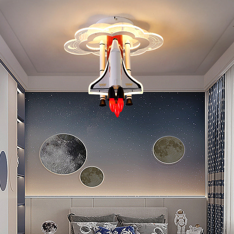 Contemporary Creative Iron Cartoon Aerospace Rocket Acrylic LED Kids Flush Mount Ceiling Light for Living Room, Playroom, Nursery, Modern Children's Lighting Fixture, Space-Themed Home Decor, Adjustable Brightness, Energy Efficient Kids Room Accessories