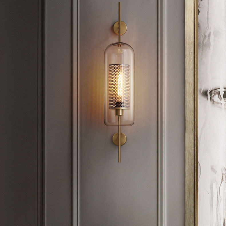 Contemporary Industrial Cylinder Glass Shade Wall Sconce - Iron Finish 1-Light Lamp for Bedroom