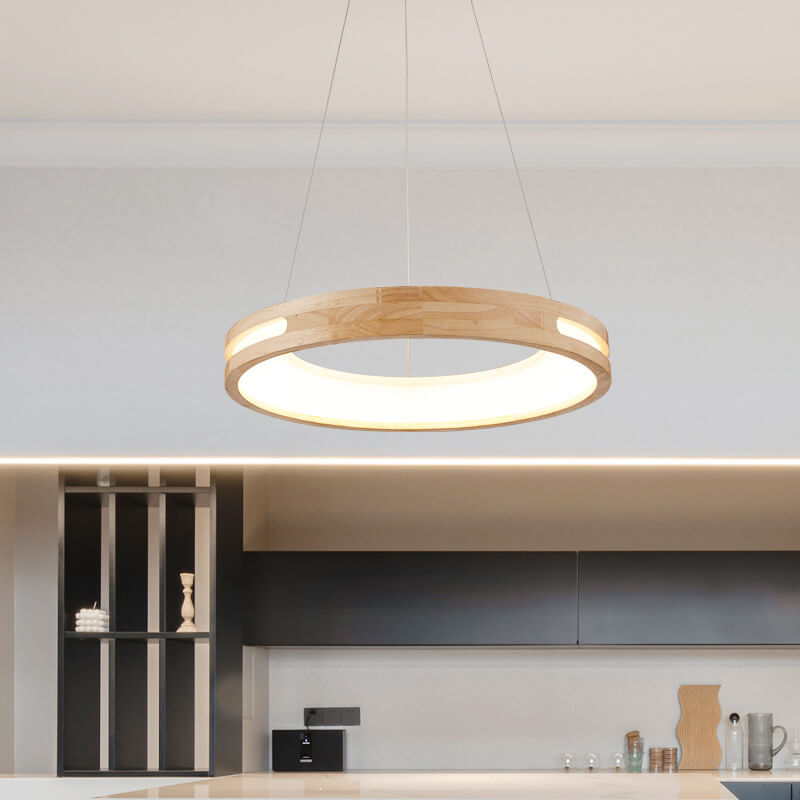 Japanese Simplicity Log Circle Island Light LED Chandelier - Modern Minimalist Lighting Fixture for Kitchen and Dining Rooms, Energy Efficient Design, Adjustable Height, Warm White Illumination
