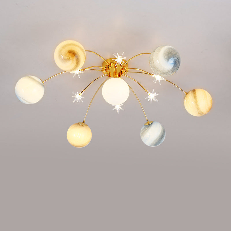 Contemporary Starry Sky 13-Light Semi-Flush Mount Ceiling Light for Bedroom, Iron and Glass Fixture, Modern Moon Design, Elegant Home Lighting