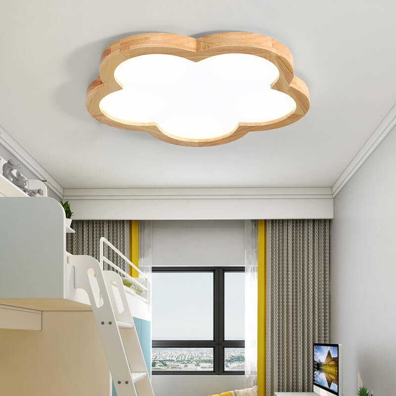 Nordic Simple Solid Wood Flower LED Slim Kids Flush Mount Ceiling Light Fixture, Cute Kids Room Lighting, Sky Blue and White Nursery Light, Modern Children's Ceiling Lamp, Energy Efficient LED Kids Decor Lighting