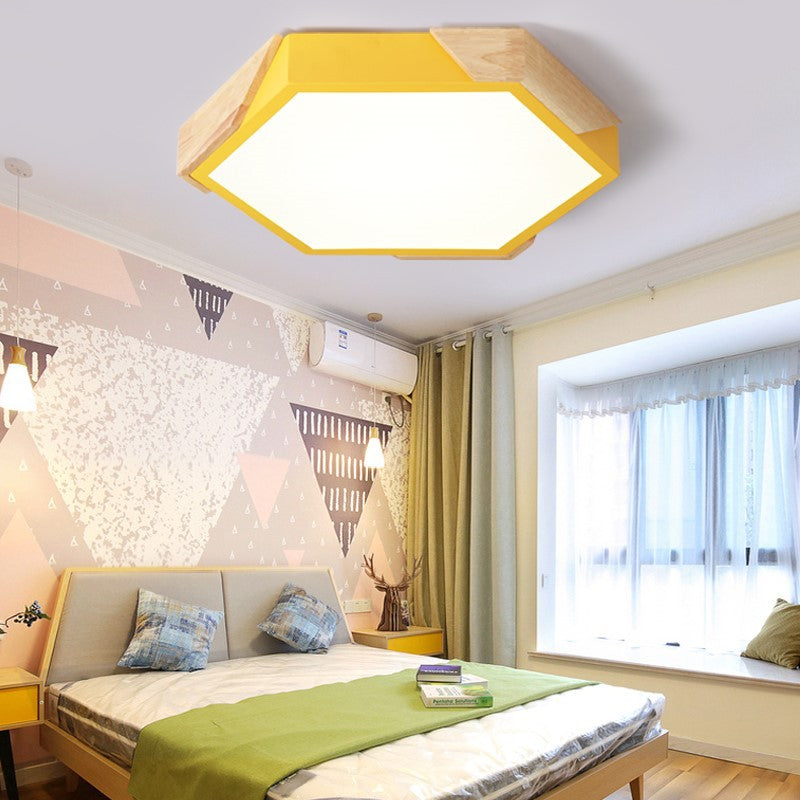 Contemporary Scandinavian Hexagonal Iron Wood Macaron LED Flush Mount Ceiling Light for Bedroom