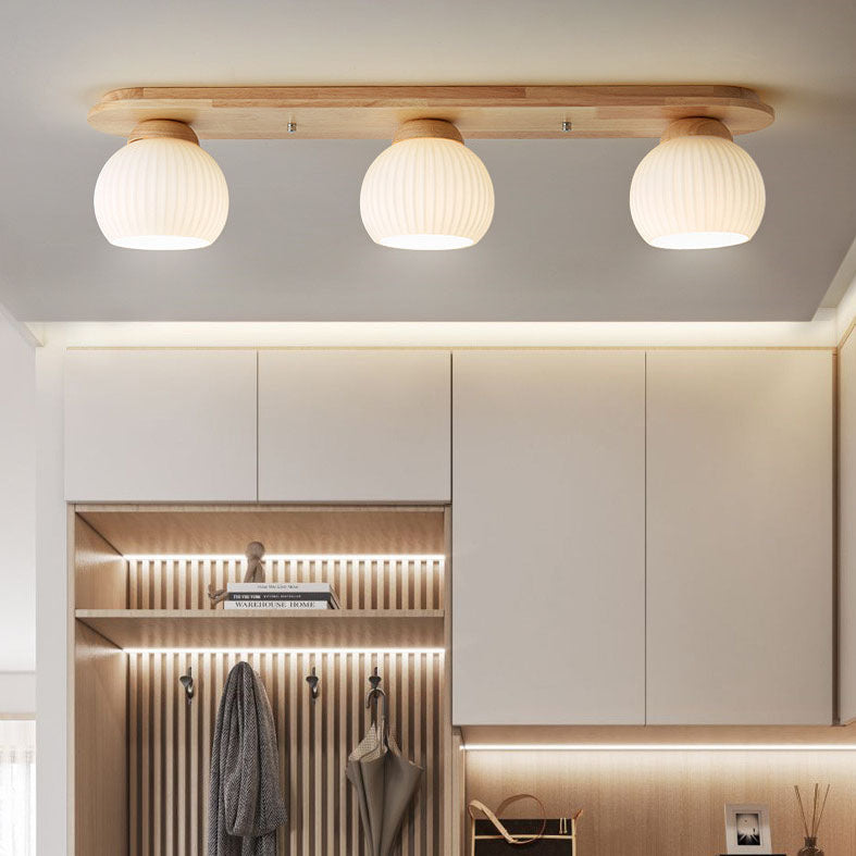 Traditional Japanese Striped Glass Wood Long Plate Flush Mount Ceiling Light