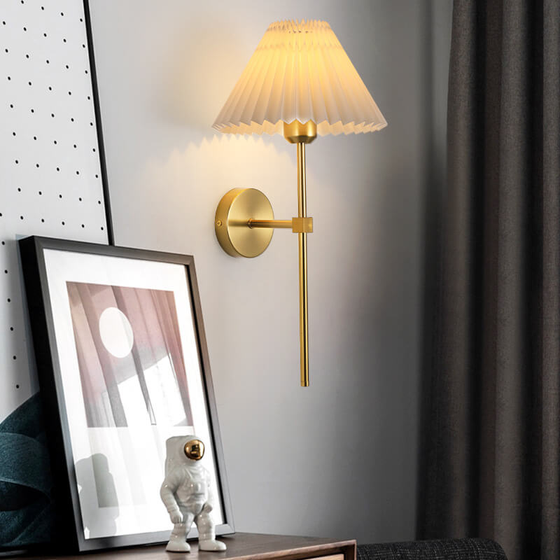 Vintage Pleated Fabric Shade Wall Sconce Lamp - 1-Light Straight Arm, Retro Lighting, Home Decor