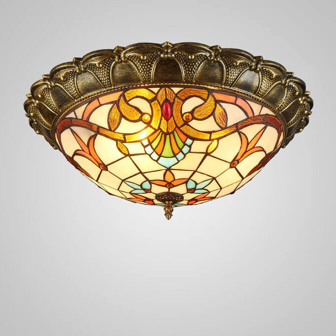 Vintage Tiffany Round Stained Glass LED Flush Mount Light