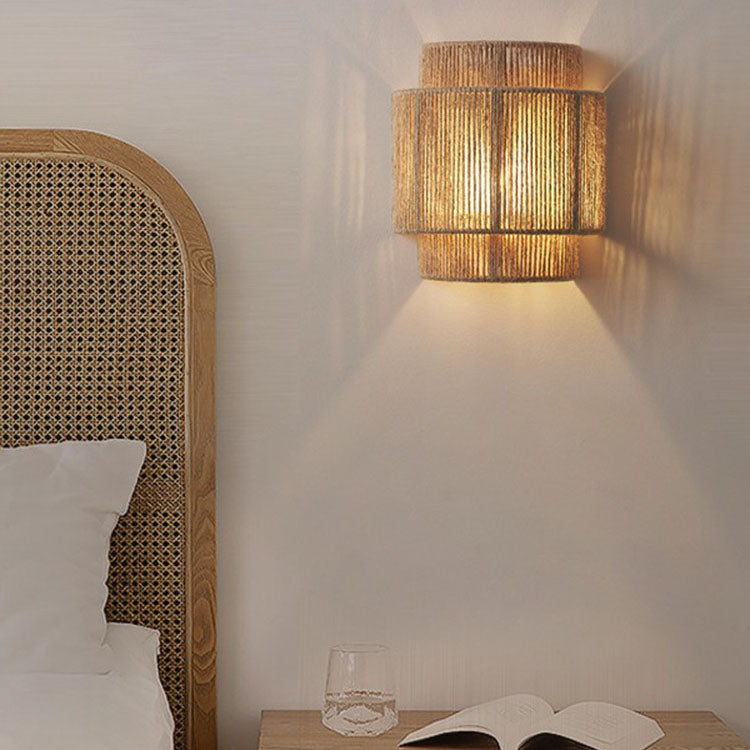 Traditional Japanese Rope Woven Curved Wall Sconce Lamp - 1-Light Design for Living Room Decor