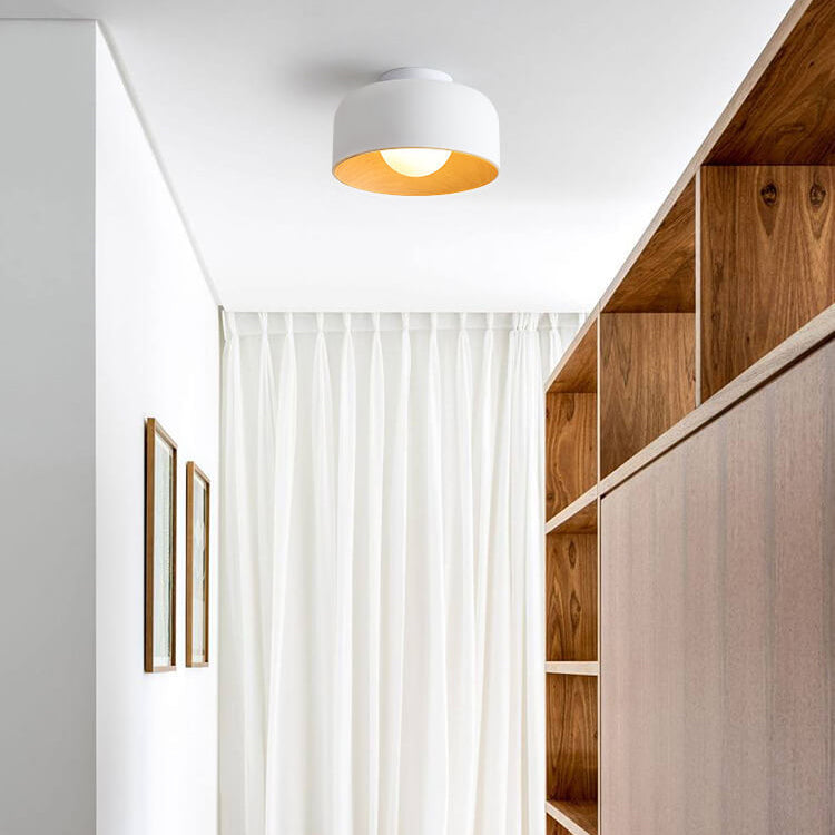 Minimalist Dome Wood Grain Iron 1-Light Semi-Flush Mount Ceiling Fixture