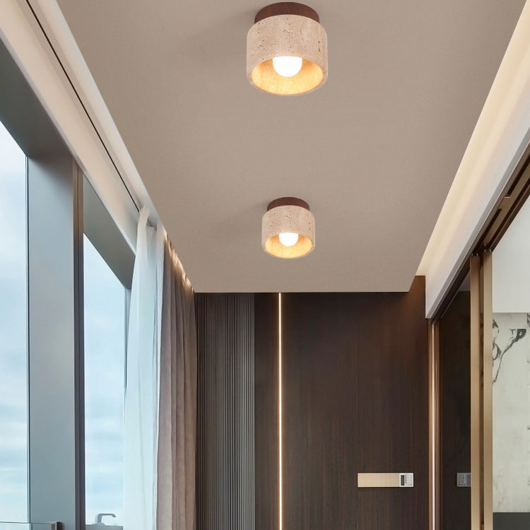 Japanese Wabi-Sabi Yellow Travertine Column Wood Semi-Flush Mount Light