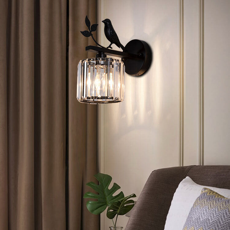 Vintage Iron Glass Round Bird Wall Sconce Lamp - 1-Light for Living Room