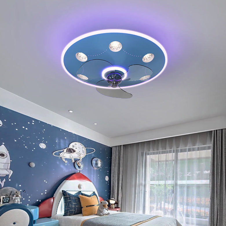 Modern Cartoon UFO Ceiling Fan Light - Round Iron Acrylic LED Flush Mount for Kids