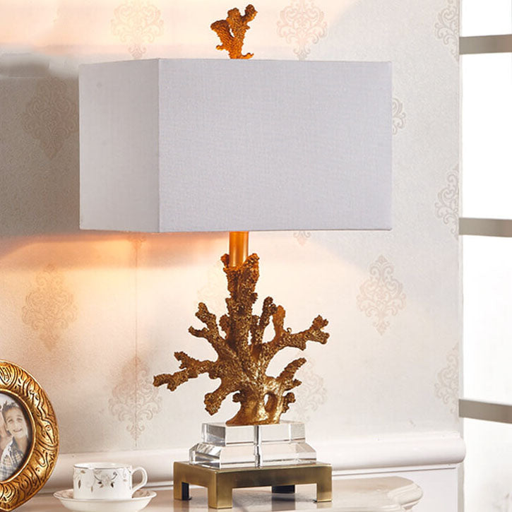 Modern Art Deco Linen Resin Crystal Coral Base 1-Light Table Lamp for Bedroom, Elegant Nightstand Lighting, Contemporary Home Decor, Decorative Bedroom Lighting, Unique Table Lamp Design, Stylish Coral Accent Light, Chic Bedroom Lighting Solution, Art Dec