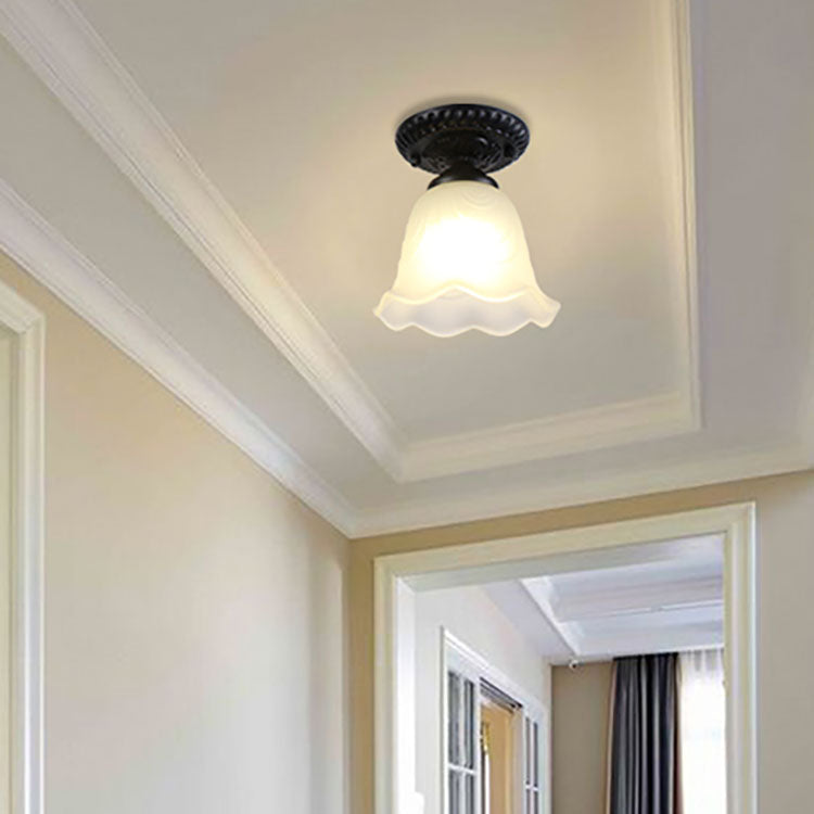 Contemporary Retro Floral Semi-Flush Mount Ceiling Light - Bell Round Iron & Glass for Hallway
