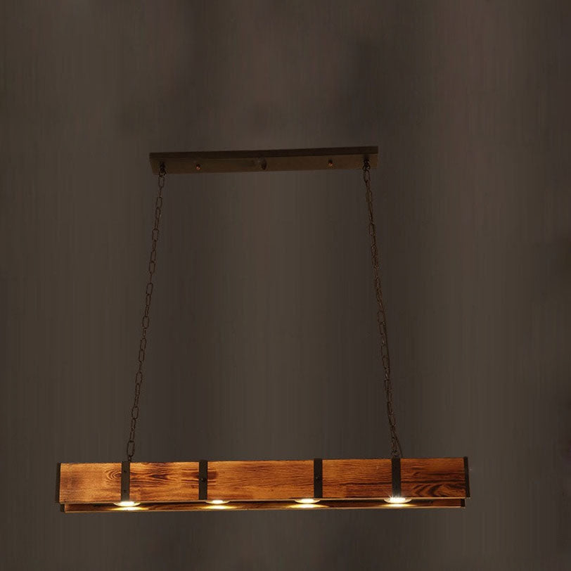 Vintage Solid Wood Long Bar LED Island Light Chandelier for Dining Room