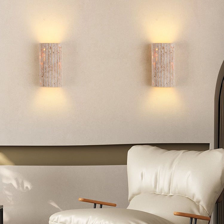 Traditional Japanese Striped Beige Travertine Semicircle LED Wall Sconce for Living Room - Waterproof Decor Lighting