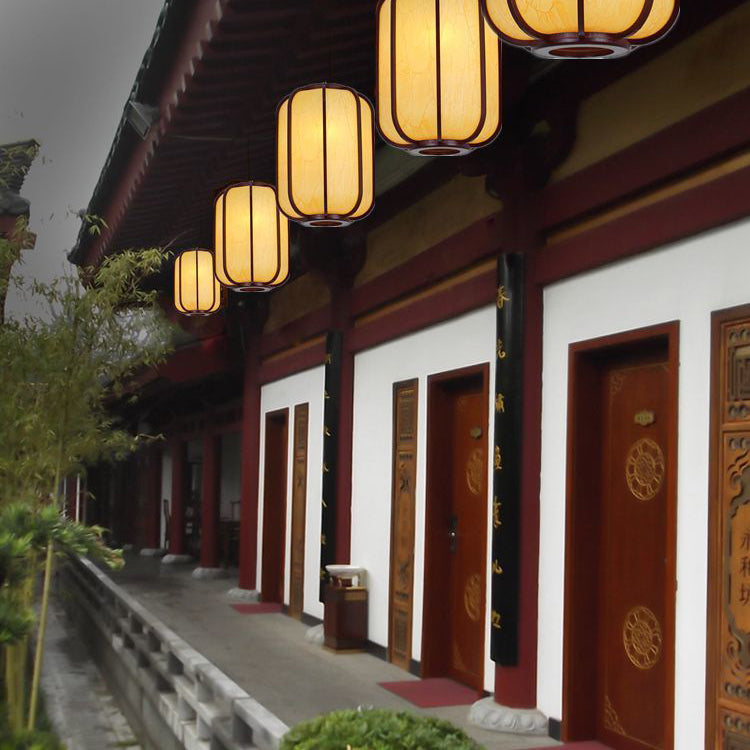 Traditional Chinese Faux Sheepskin Wooden Lantern Pendant Light - 1-Light for Living Room