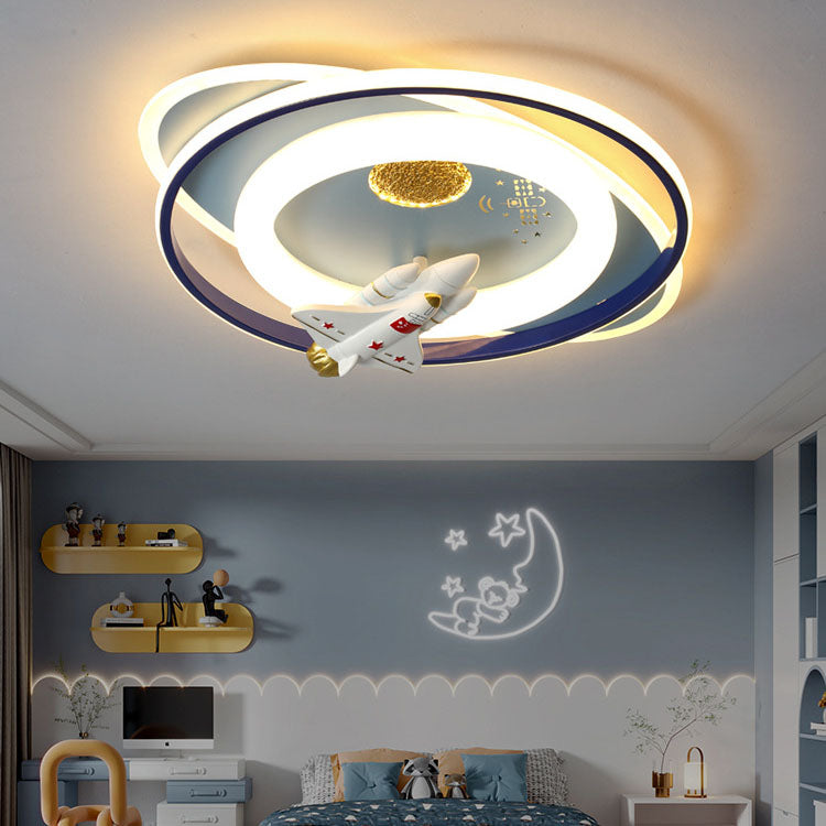 Modern Creative Kids Iron Cartoon Astronaut Rocket LED Flush Mount Ceiling Light, Children's Bedroom Lighting, Space Theme Decor, Playroom Illumination, Fun Astronaut Design, Colorful Nursery Fixture, Eco-Friendly LED Ceiling Lamp, Unique Child Room Acces