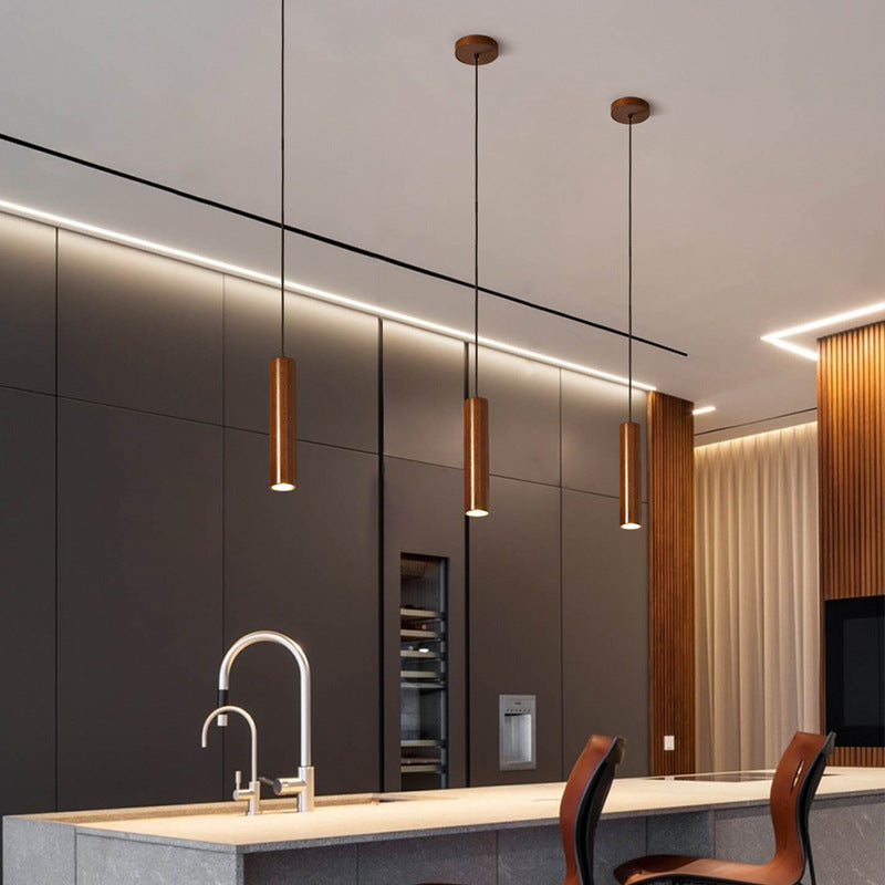 Modern Minimalist Rubberwood Cylinder LED Pendant Light for Bedroom