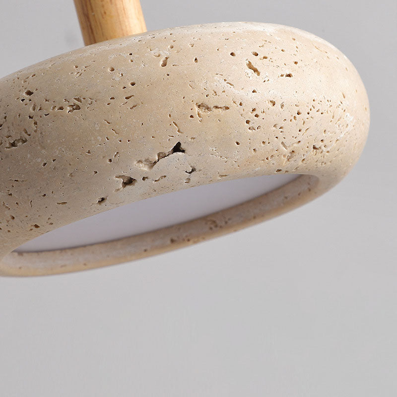 Traditional Japanese Round Wood Yellow Travertine LED Pendant Light for Bedroom